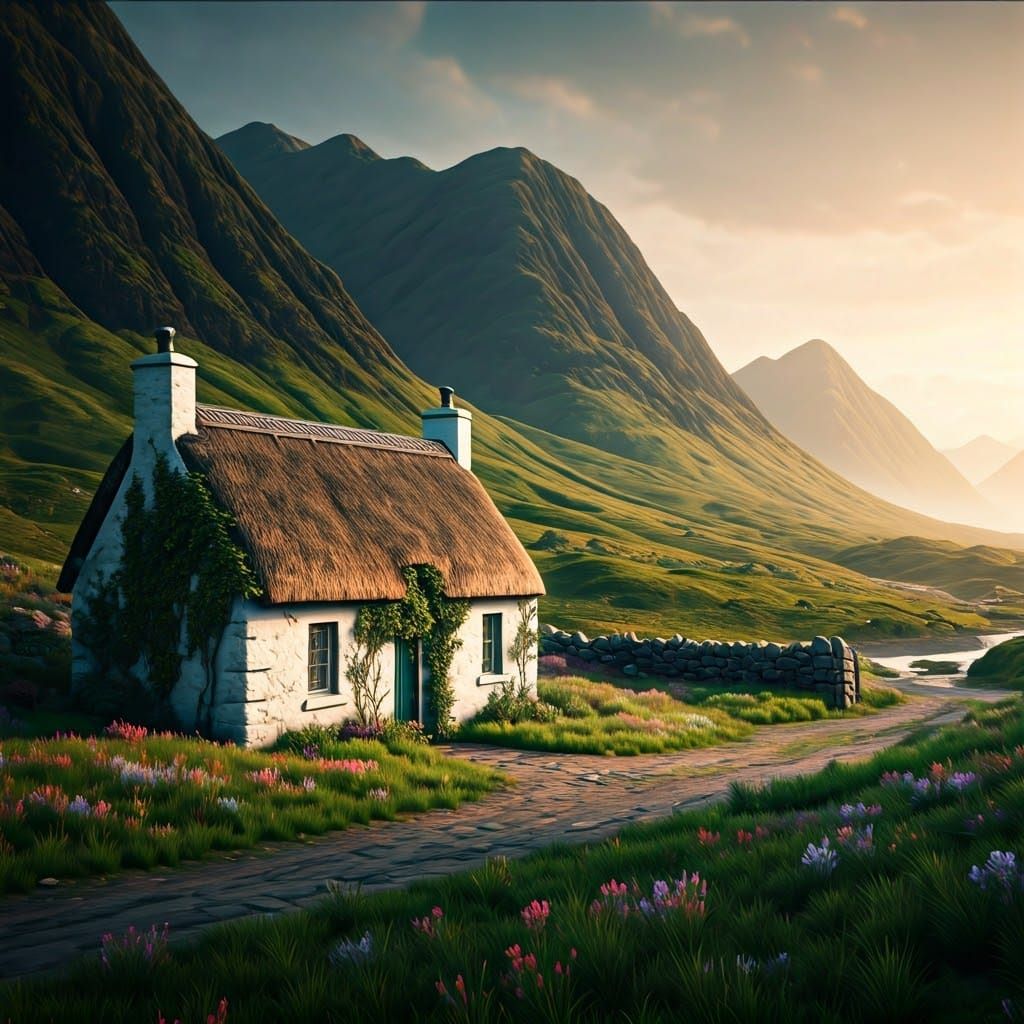 Mystical Scottish Highland Cottage in a Dreamlike Valley
