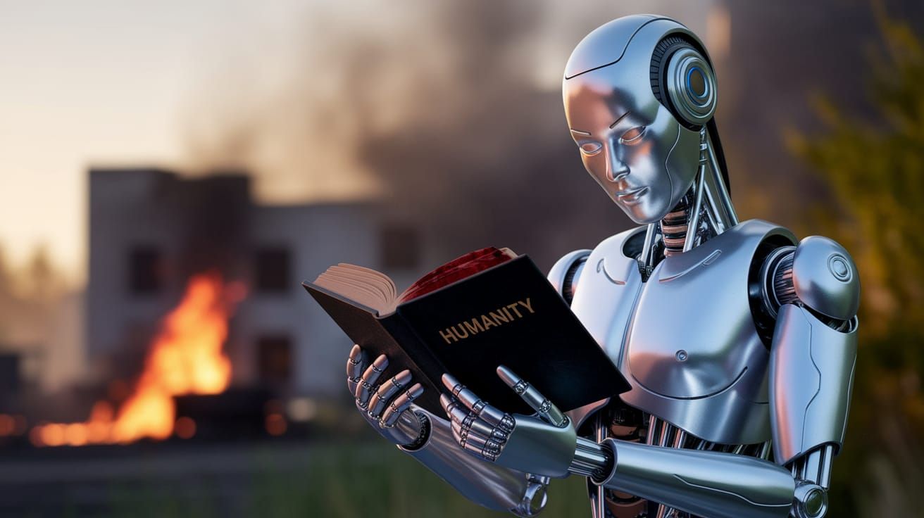 Cyborg Android Reads Humanity in Dystopian Ruins