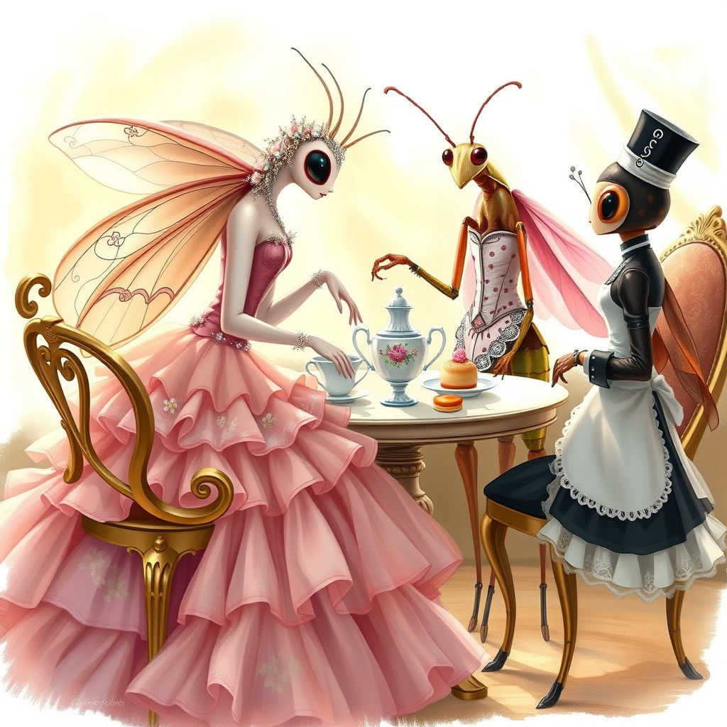 Moth and Mantis Tea Party in Watercolor Style
