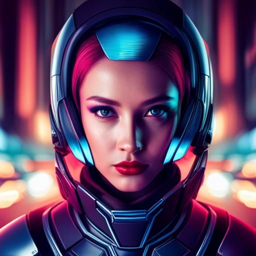 Cyborg Girl in Neon City, Hyperrealistic Portrait