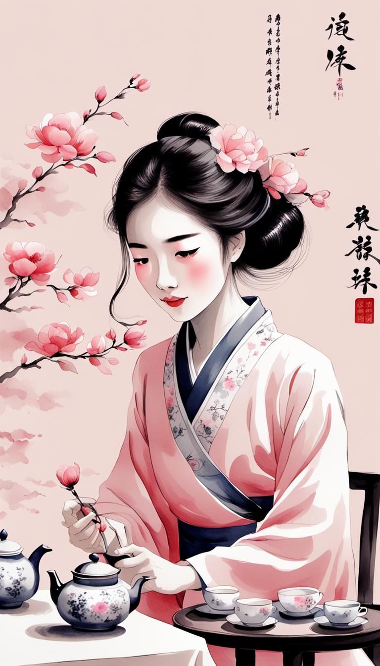 Minimalist Chinese Ink Painting of Woman Enjoying Tea