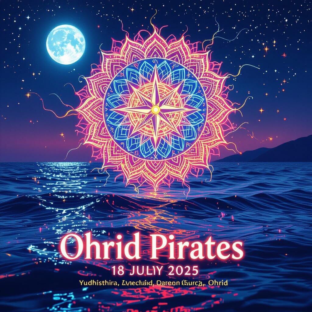 Psychedelic Mandala Over Ohrid Beach Under Full Moon