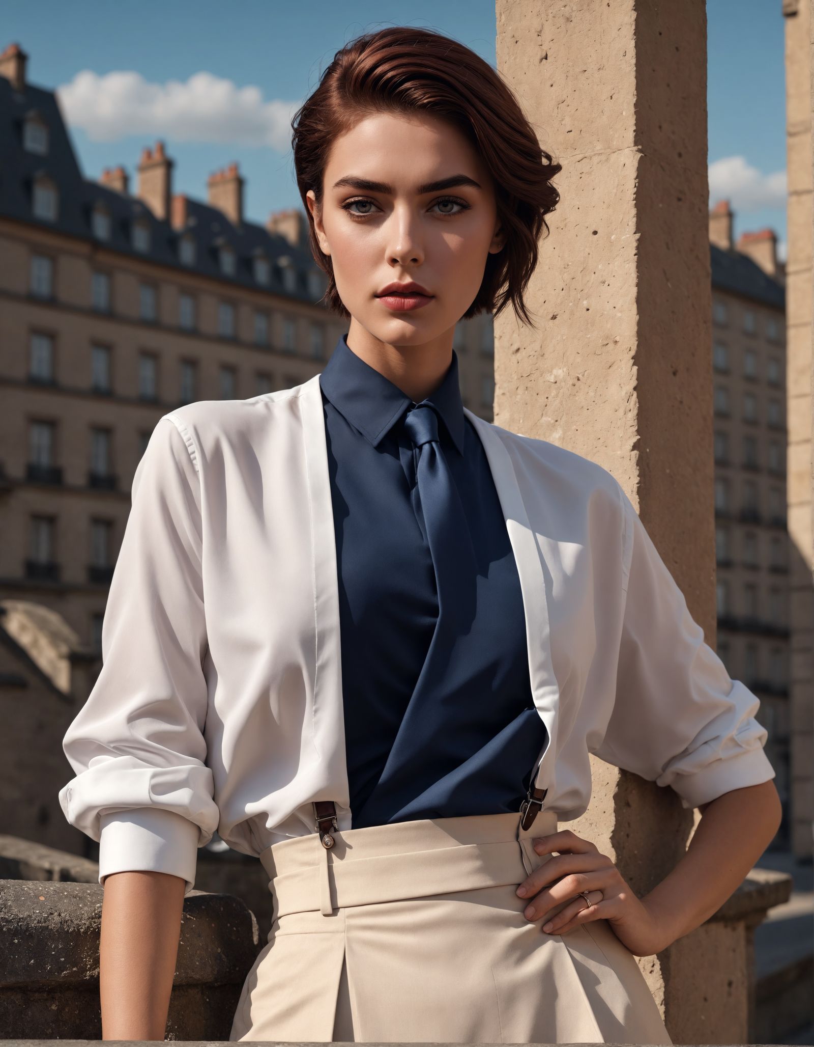 Tomboy in White Silk: Hyper-Realistic Fashion Illustration