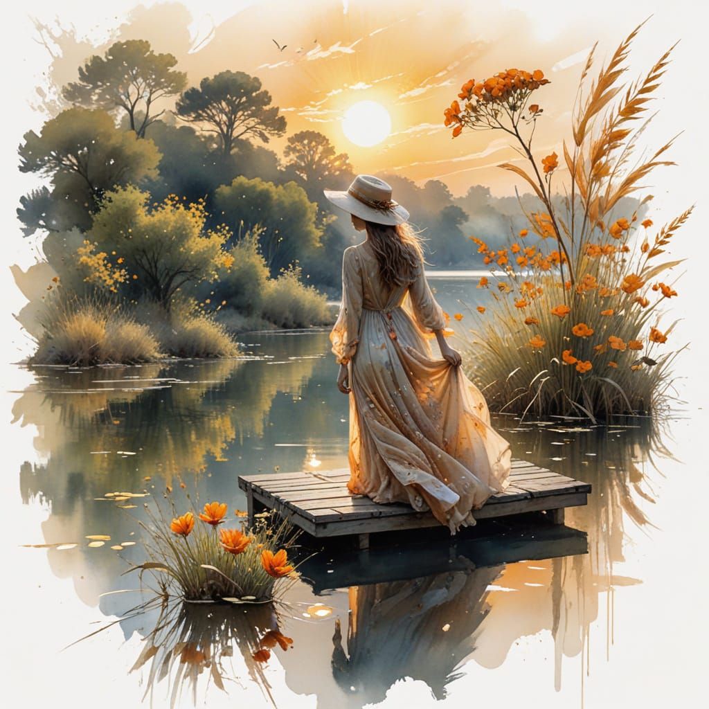 Serene Woman Guards Sunset Lake Scene in Dreamlike Art