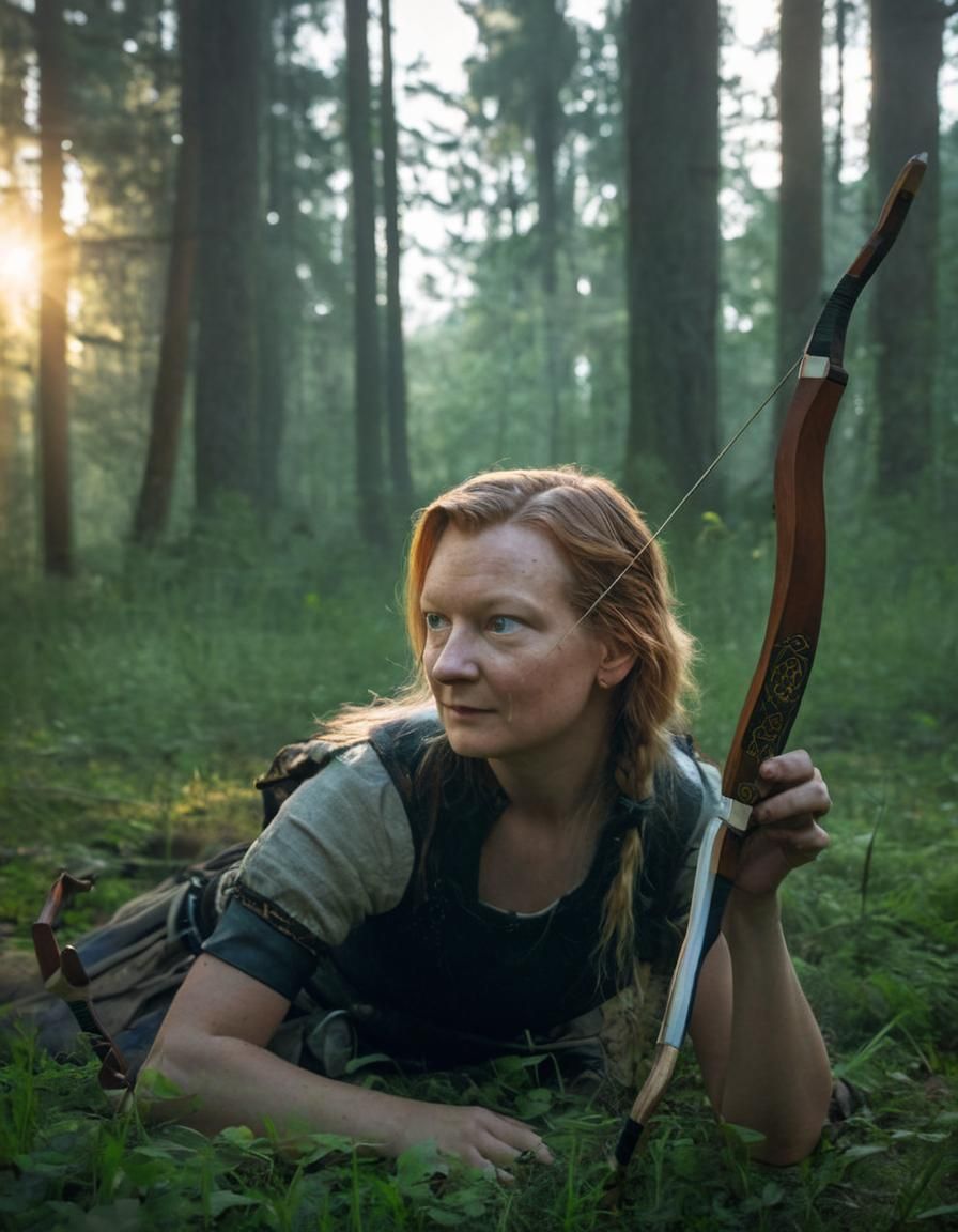 Medieval Warrior Woman in Forest Sunset