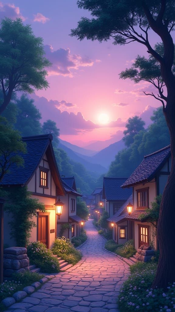 Whimsical Village Twilight Scene in Digital Illustration Sty...