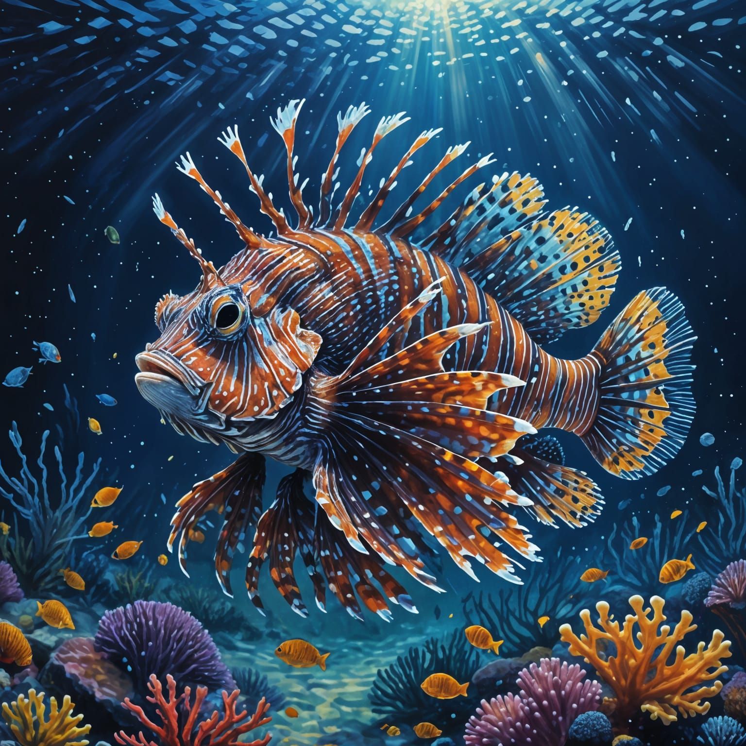 Vibrant Pointillism Lionfish in Aurora-Lit Ocean