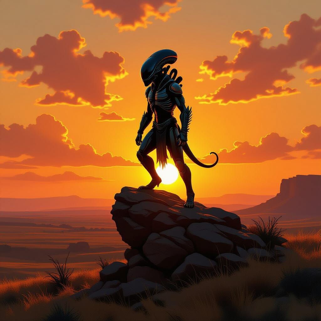 Xenomorph Silhouette at Sunset: Oil Painting Style