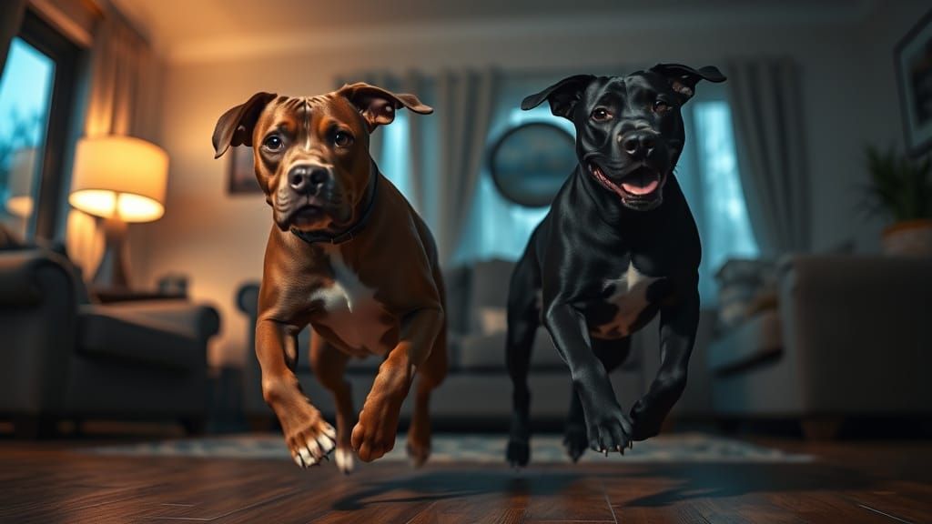 Pitbull-Labrador Dogs Play in Cinematic Twilight