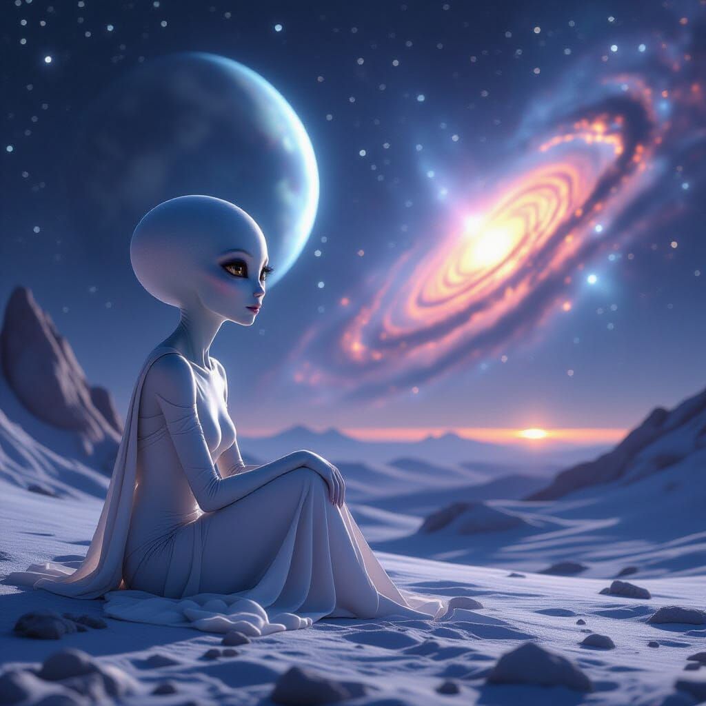 Ethereal Alien Woman on Moonlit Planet Gazing at Galaxy