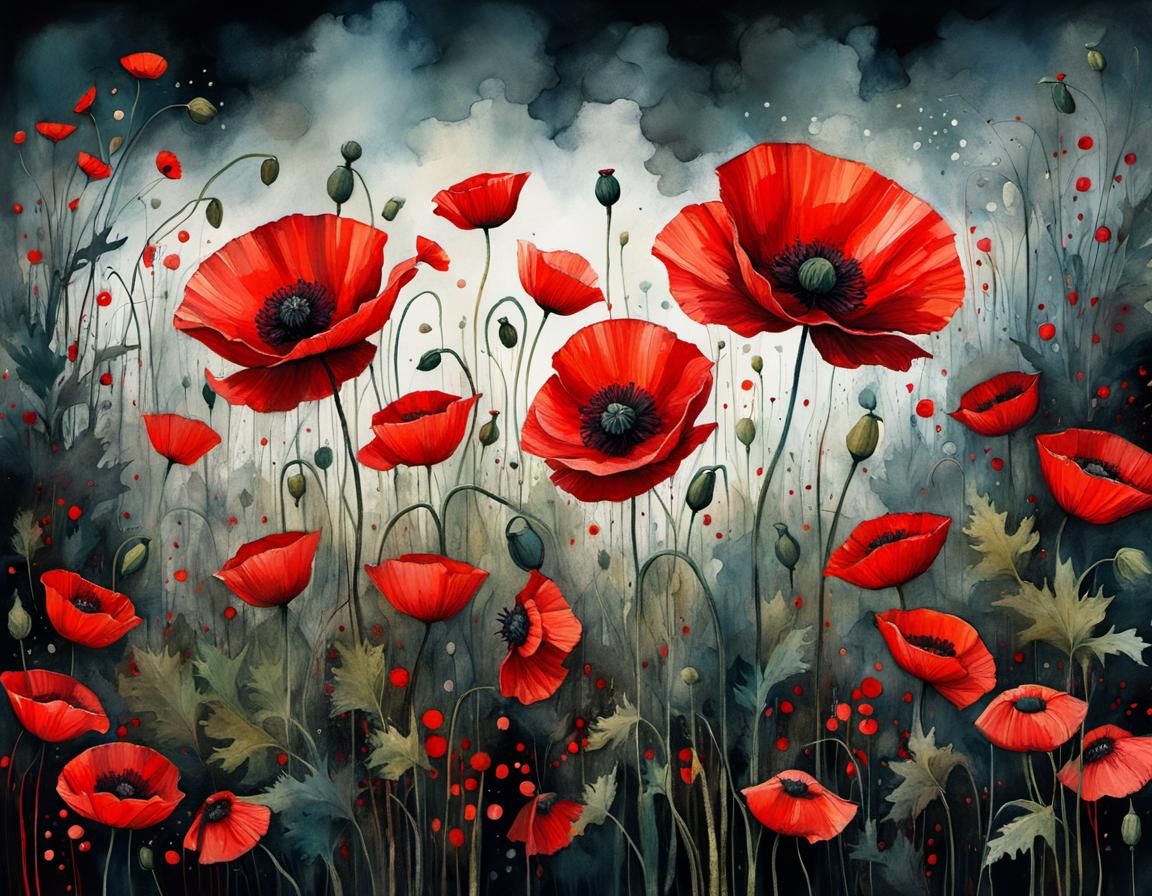 Whimsical Red Poppies Dance: Maximalist Alcohol-Ink Art