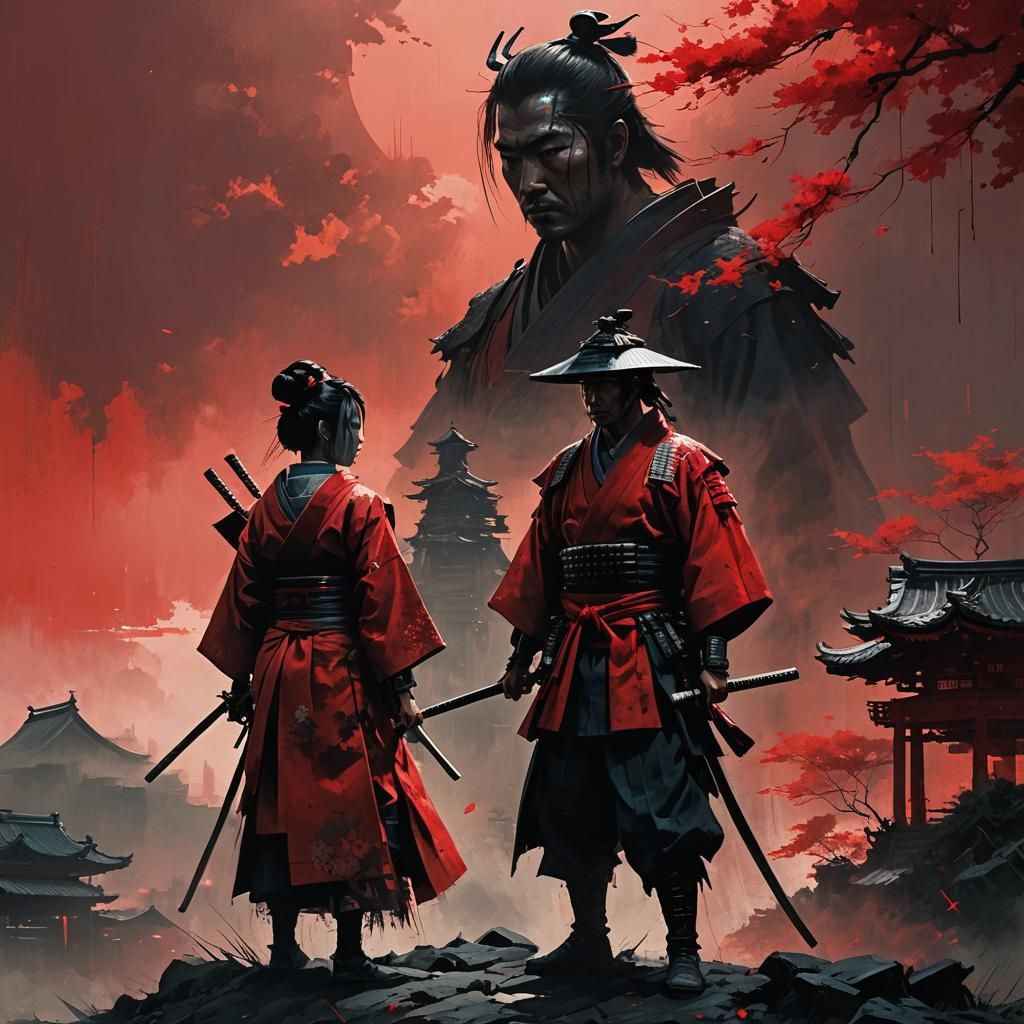 a Samurai warrior and a Geisha casting shadows face against ...