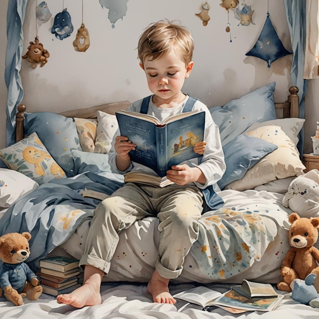 Watercolor Baby Boy Reading Book, High Detail