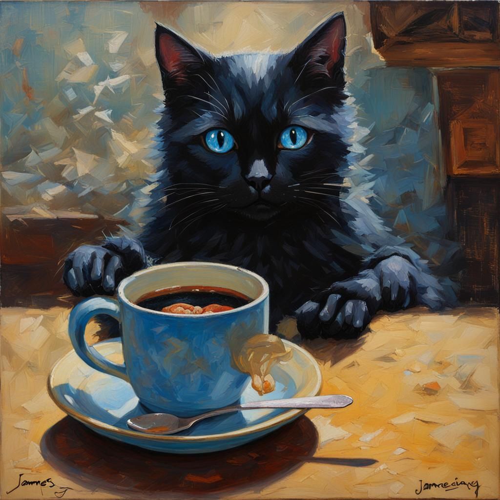 Black Cat and Coffee, in Oil Painting Style