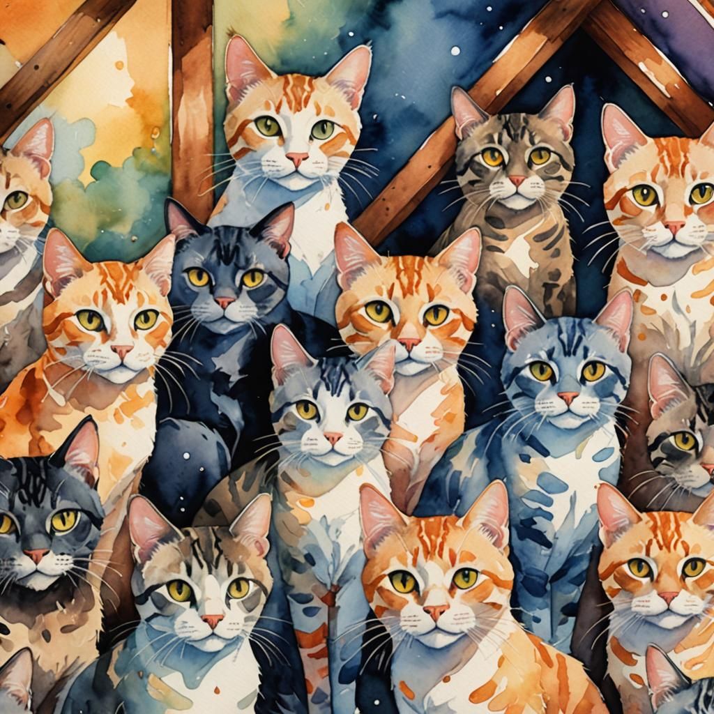Cozy Cats in Attic: Watercolor Illustration