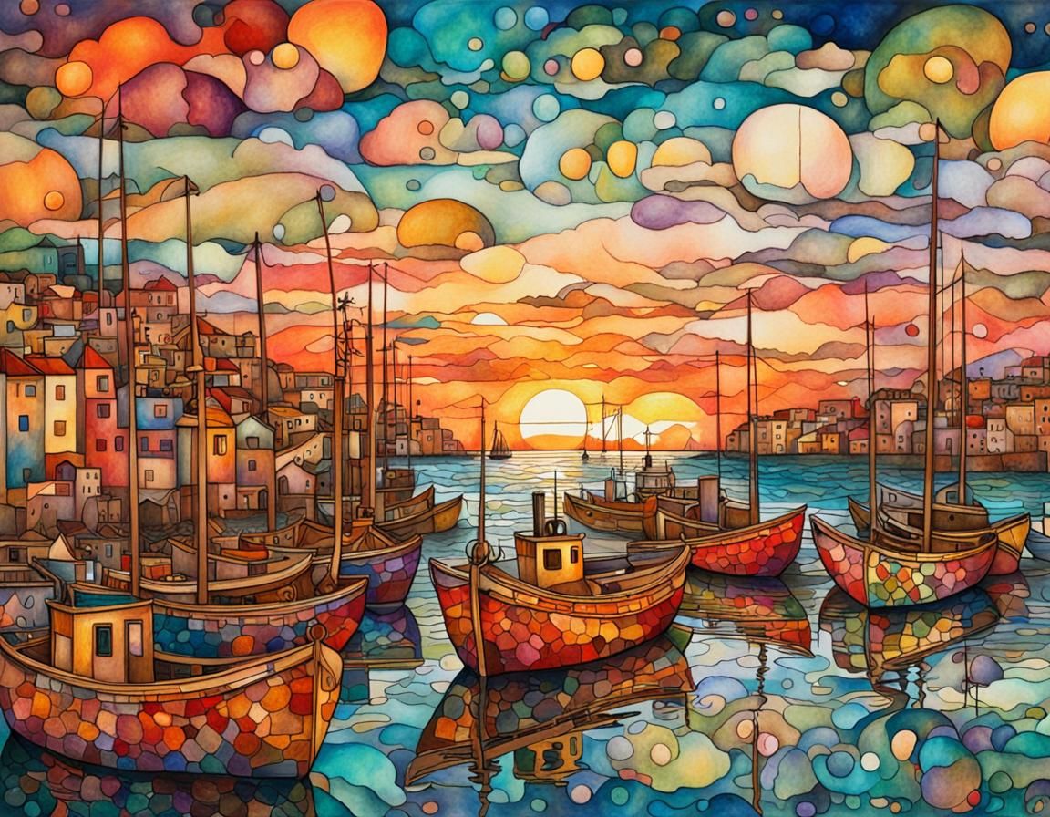 Fishing Harbor Painting in Gustav Klimt Style