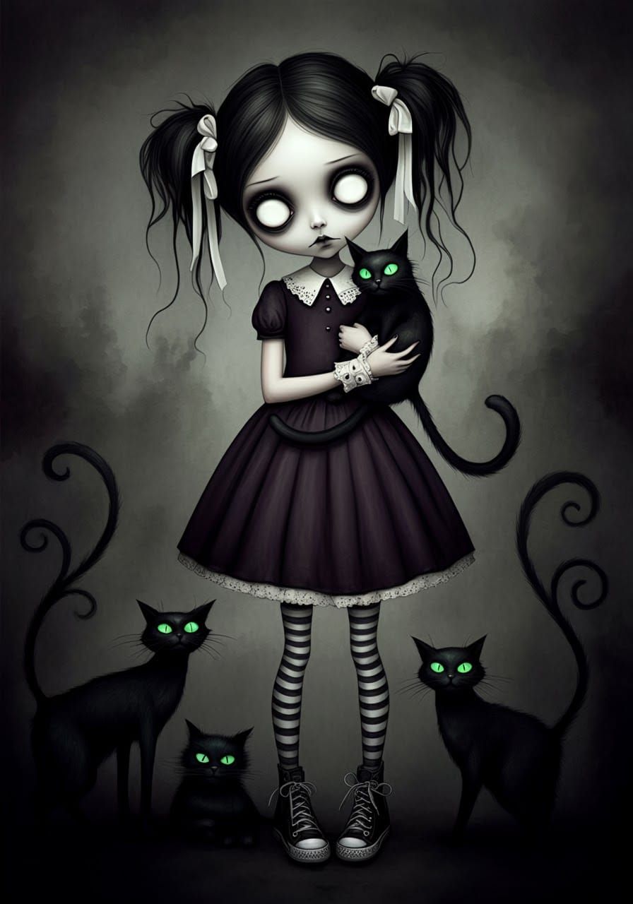 Gothic Cartoon Girl with Cats in Watercolor Style