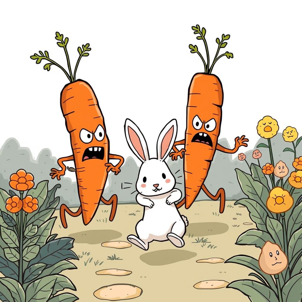 Cartoon Carrots Chase Rabbit in Garden