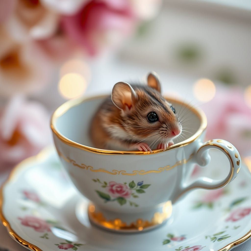 Whimsical Mouse in Tea Cup Scene