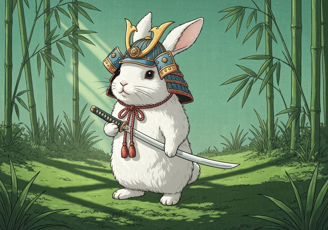 Fluffy Samurai Rabbit in Bamboo Forest