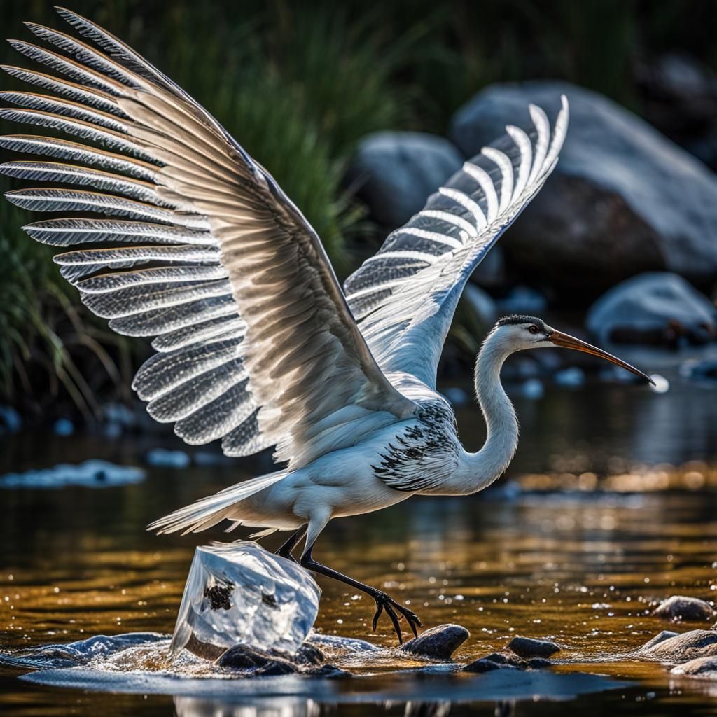 Pegasus standing next to a crystal-clear river, clear view of perfect wings, closeup, dynamic composition