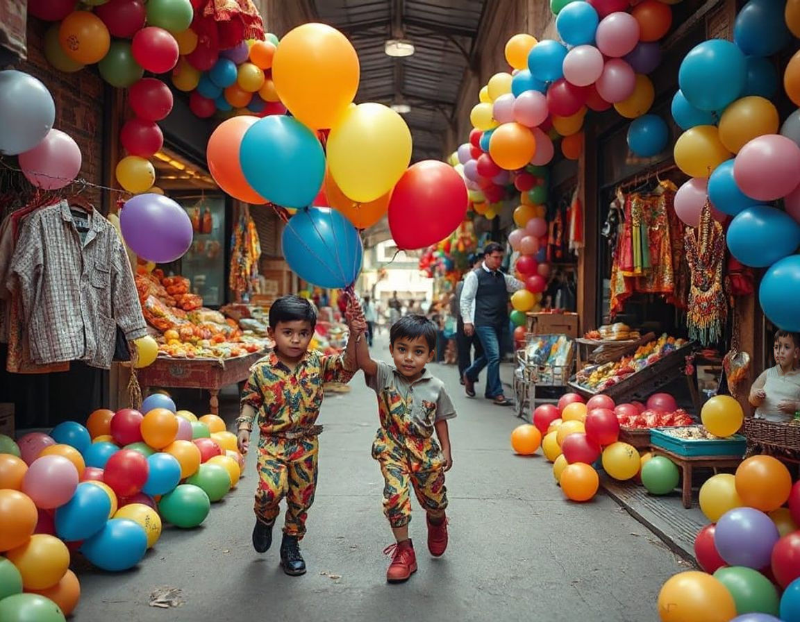 Boys with Balloons in a Colorful Market