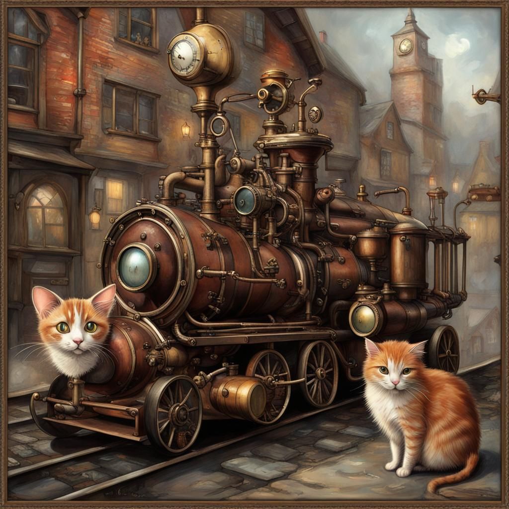 Steampunk Village Street Scene with Cats and Mice
