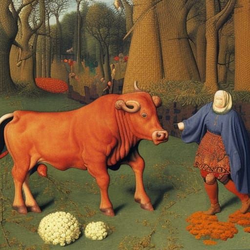 Surreal Bull Teasing Scene in Classical Style