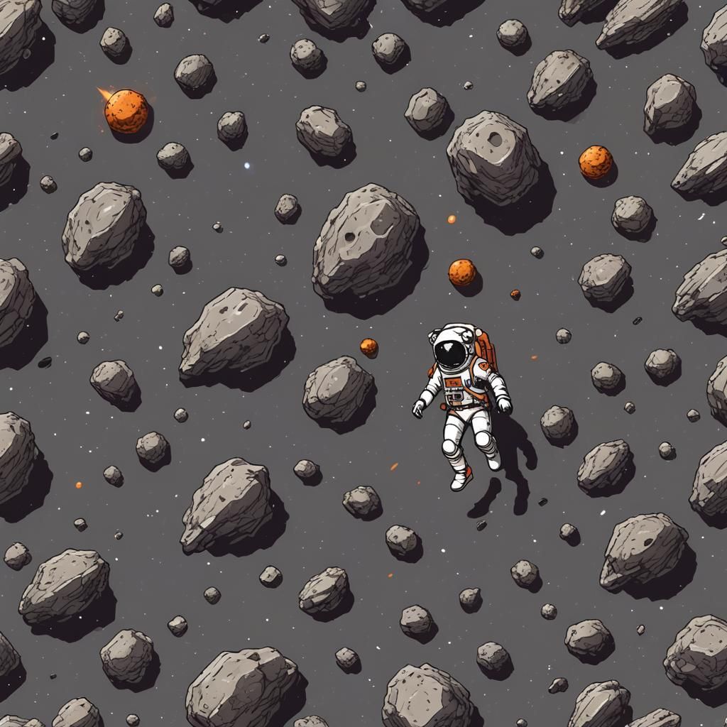 Spaceman navigating an asteroid field,

2D pixel art