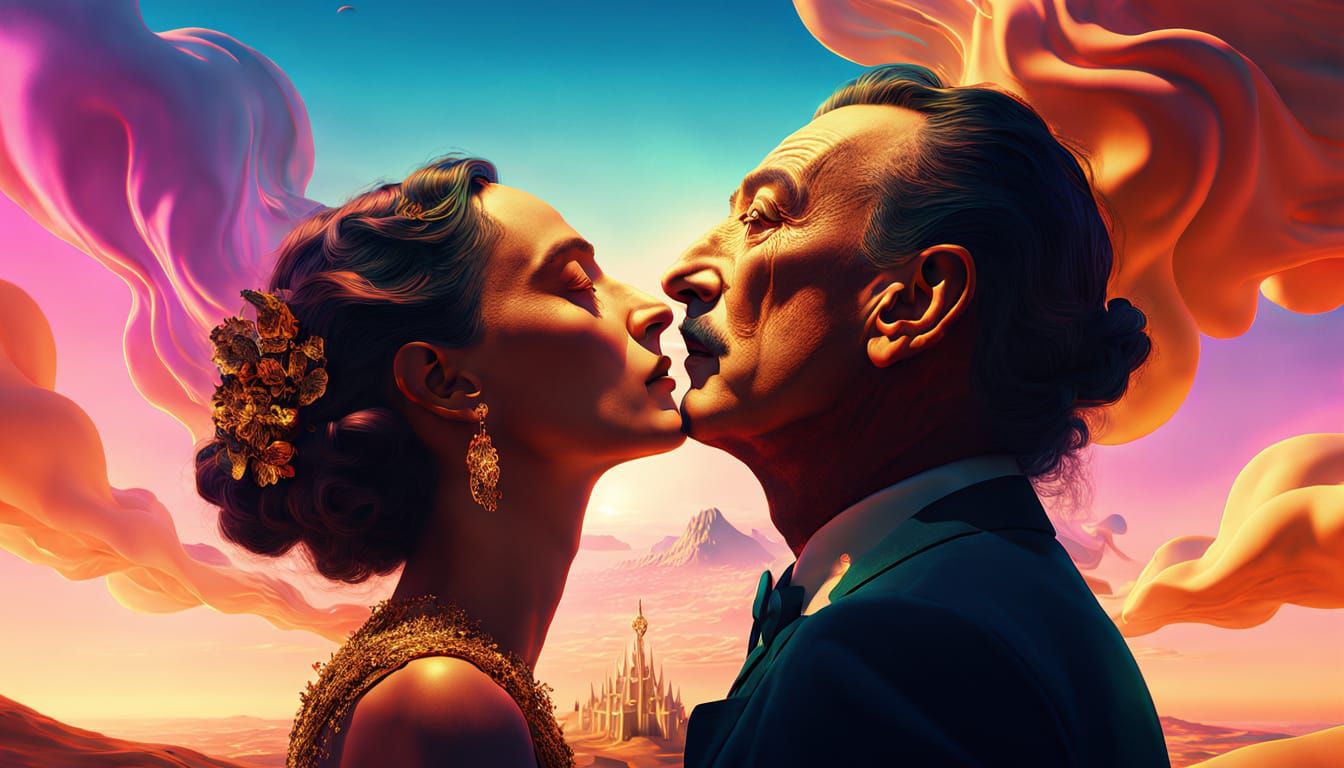 Surreal Embrace in Vibrant Dali-esque World