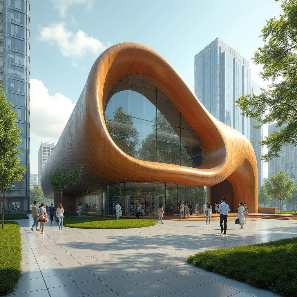 Futuristic Data Center with Curved Wooden Cladding