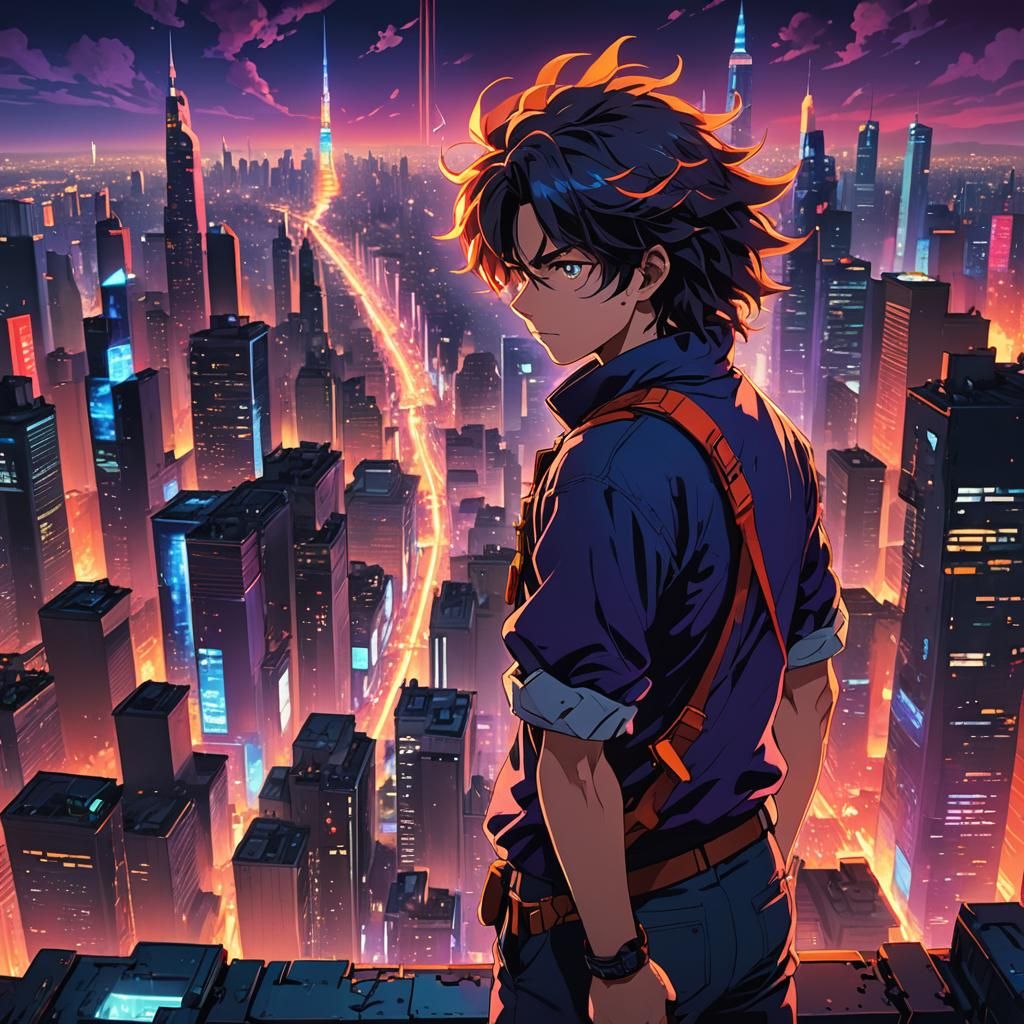 Anime Hero Overlooking Cyberpunk Cityscape