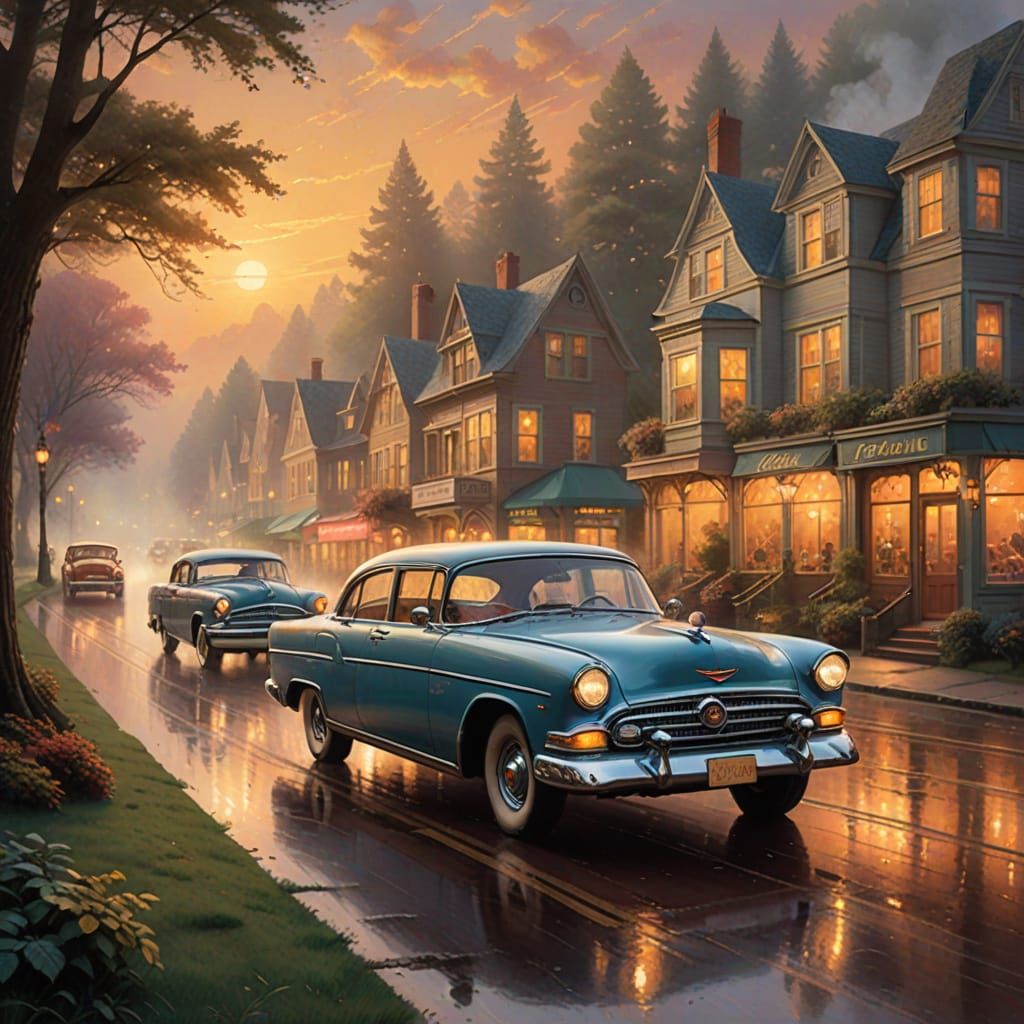 Classic Car in Misty Landscape: Vintage Poster Art