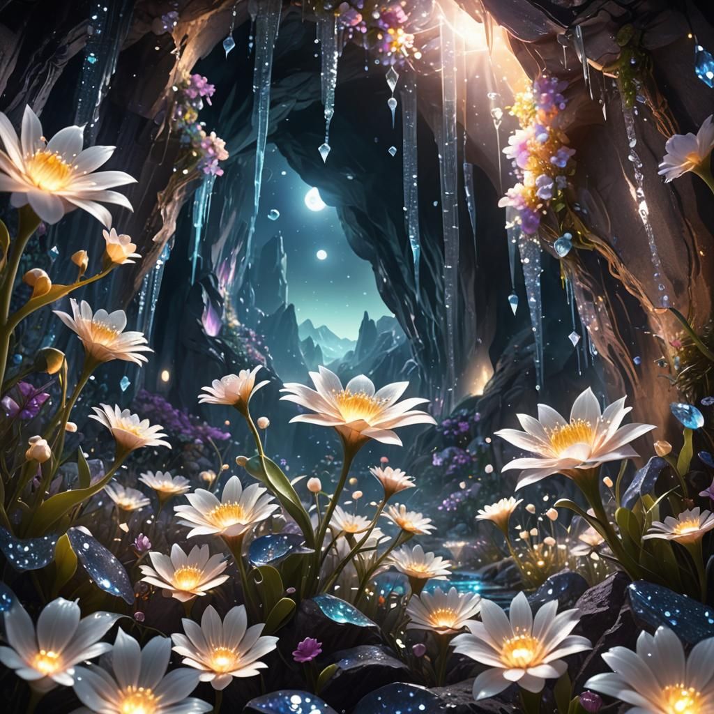 Diamond Flowers Bloom in Moonlit Cave