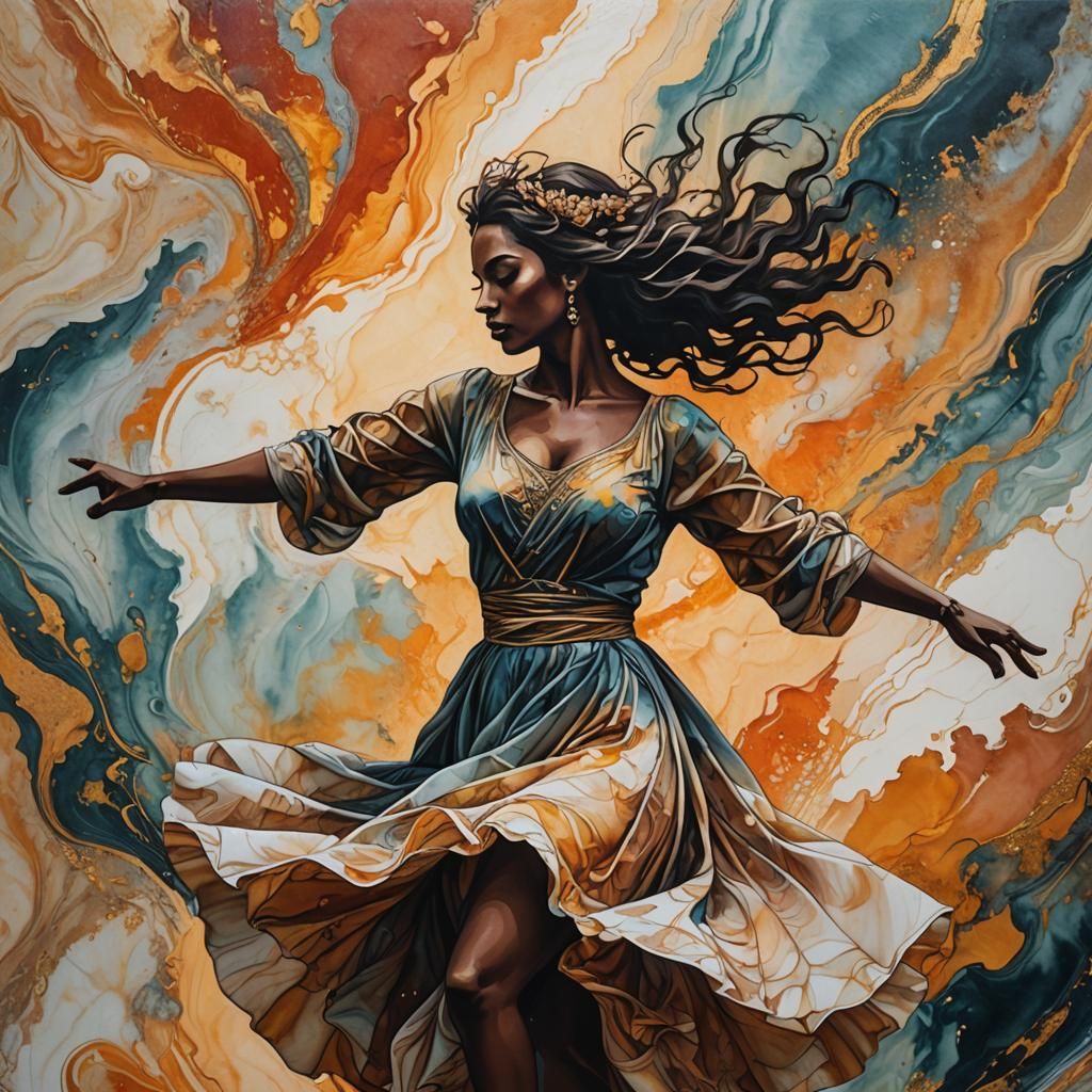 a close up of a beautiful marble, double exposure, sunset colors ; oil on canvas, silhouette of a lady dancing, italian ...