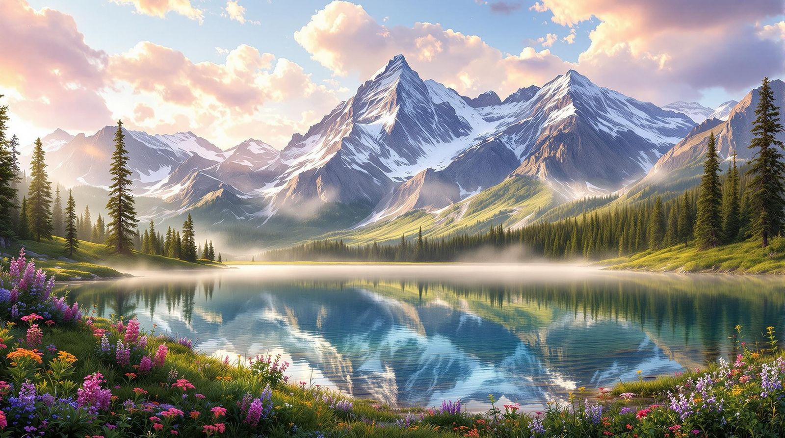 A vast, breathtaking landscape featuring towering snow-cappe...