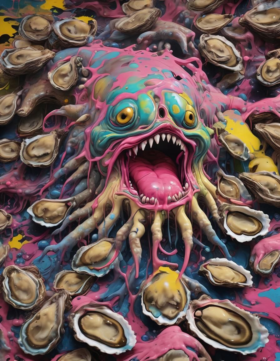 Snot Monster Surrounded by Lung Oysters in Pop Art