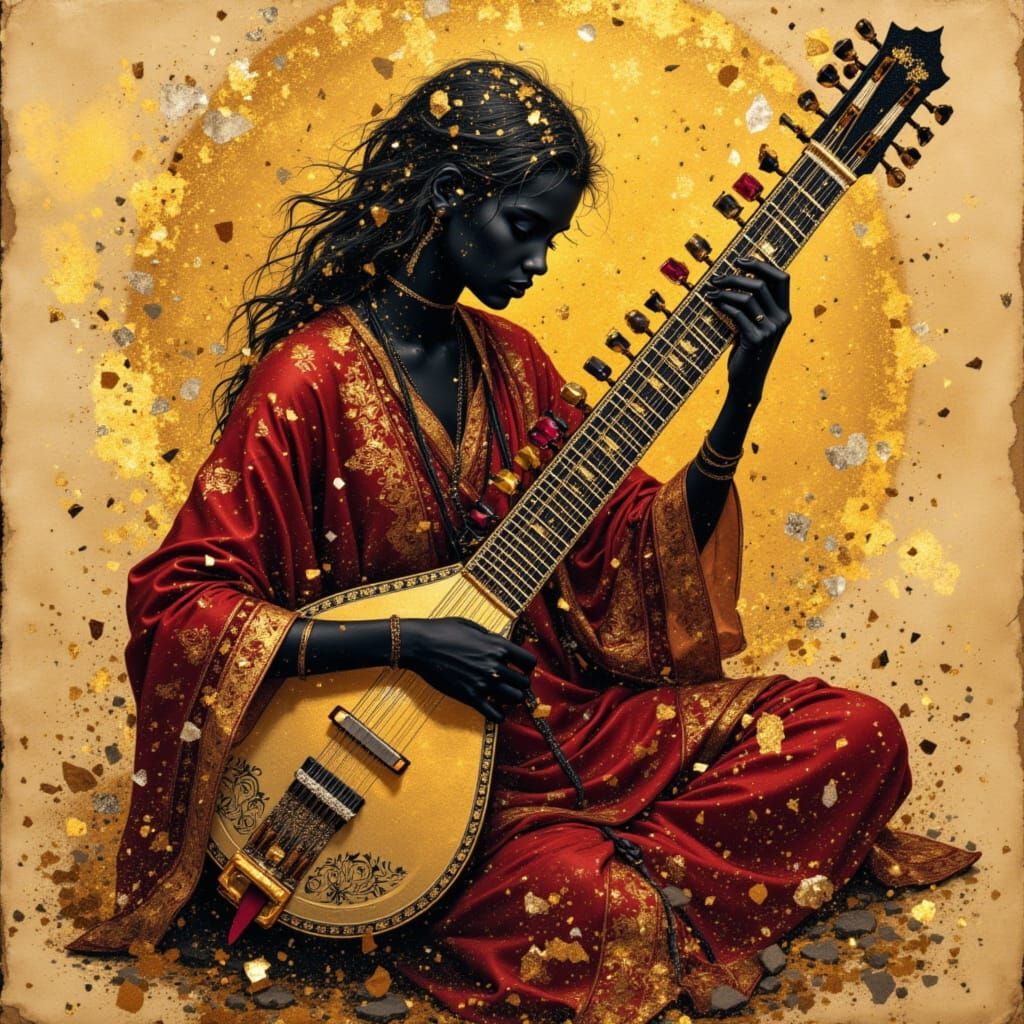 Sitar Player in Meditative Pose with Gold and Ruby