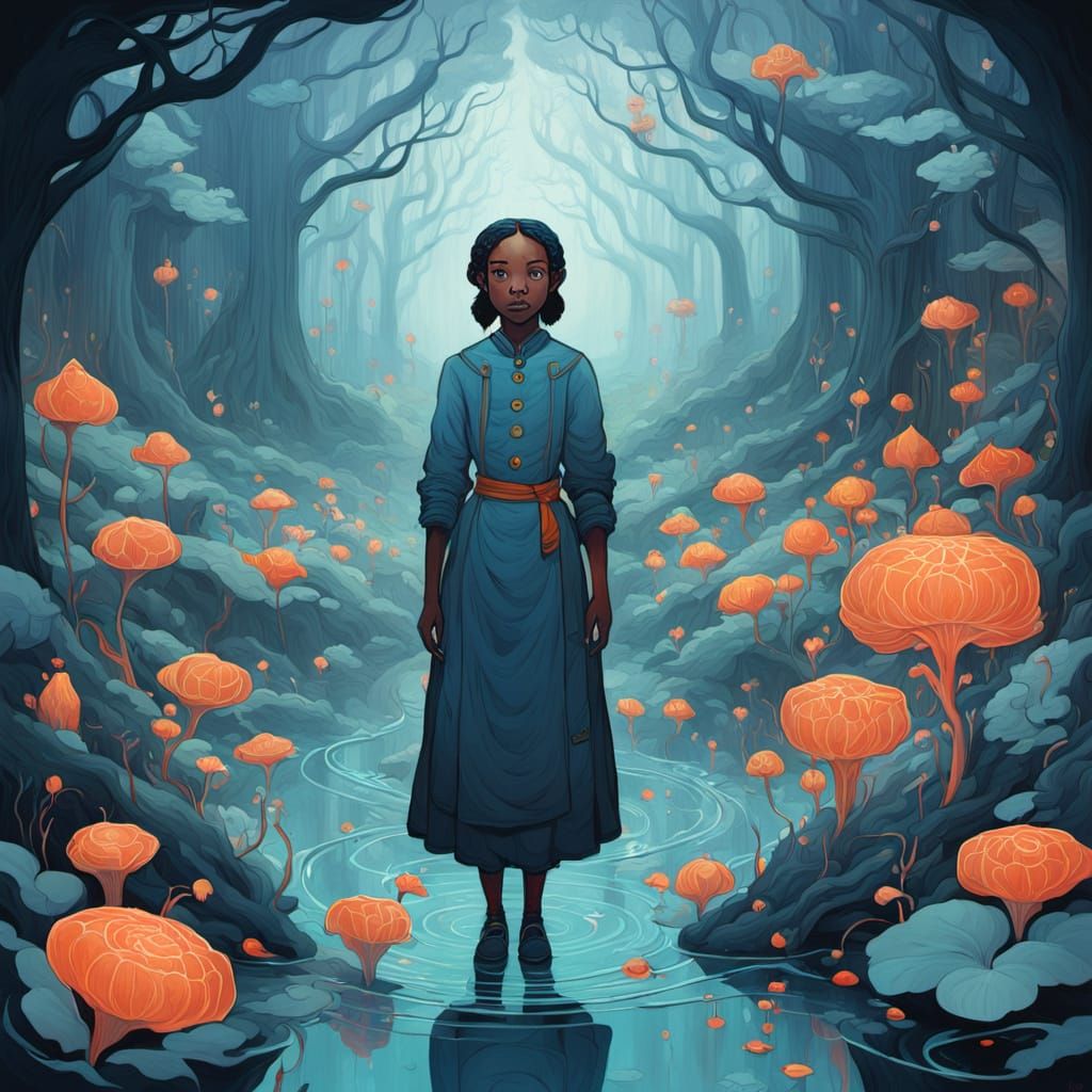 A whimsical underground railroad inspired by the stylized aesthetics of James Jean, the surrealist flair of Ash Thorp, a...