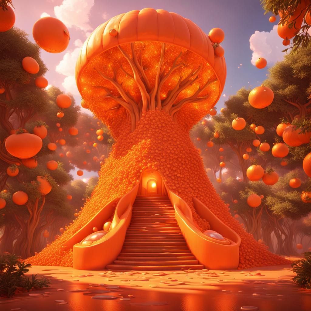 Explosive Orange Landscape with Shielded Tree, Hyperdetailed...