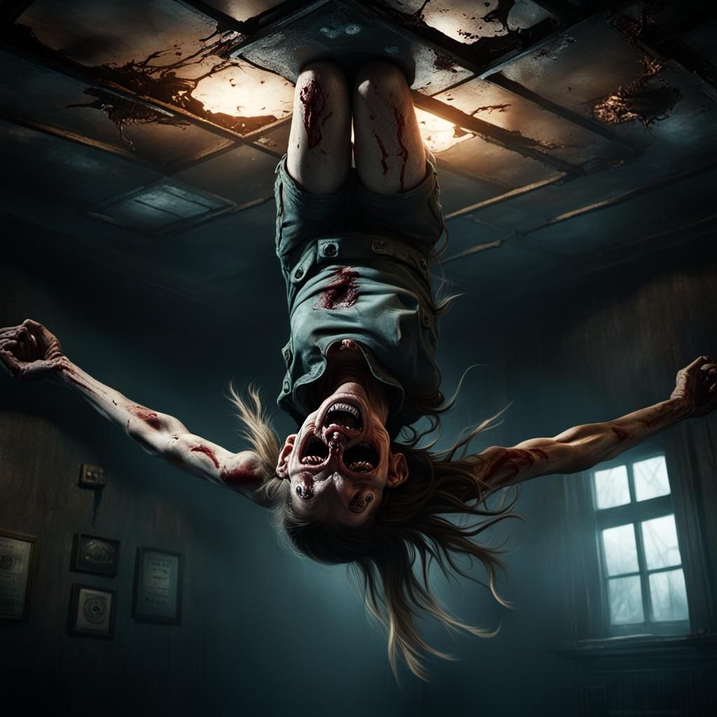Eerie Girl Screaming Upside Down: Dystopian Horror