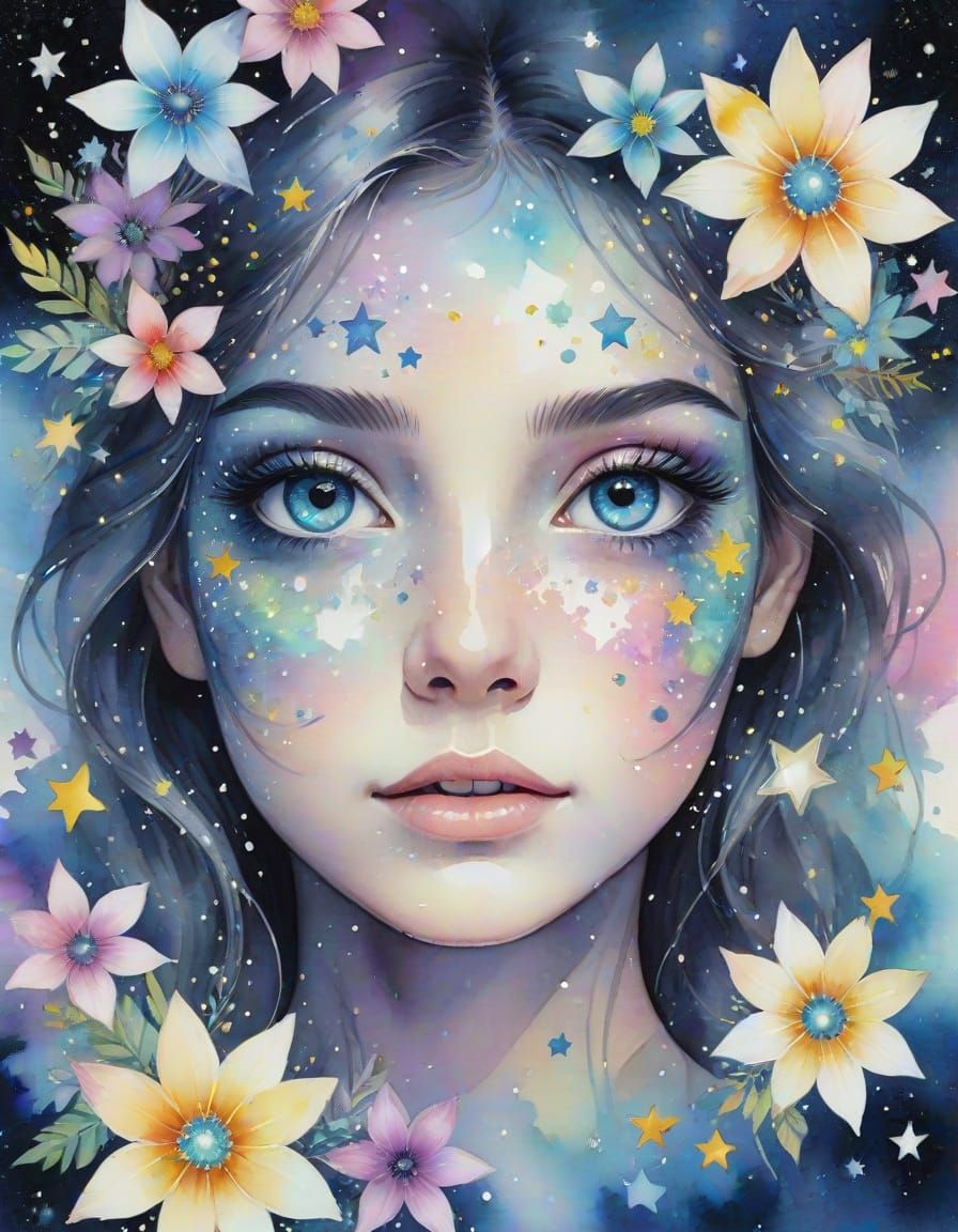 Celestial Opal Goddess in Vibrant Watercolor Style