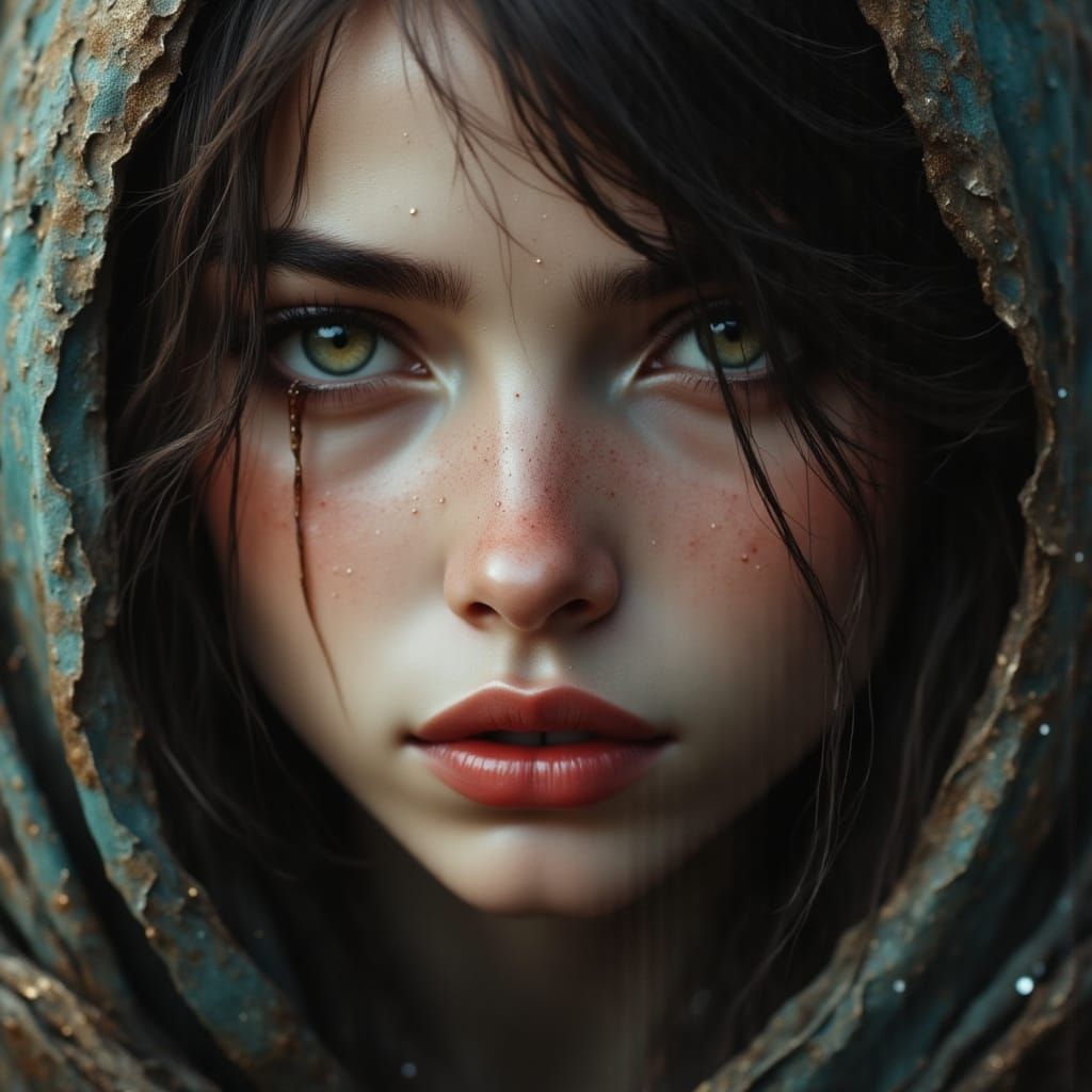 Fantasy Girl Weeps for a Distant Earth in Dark Cosmic Beauty