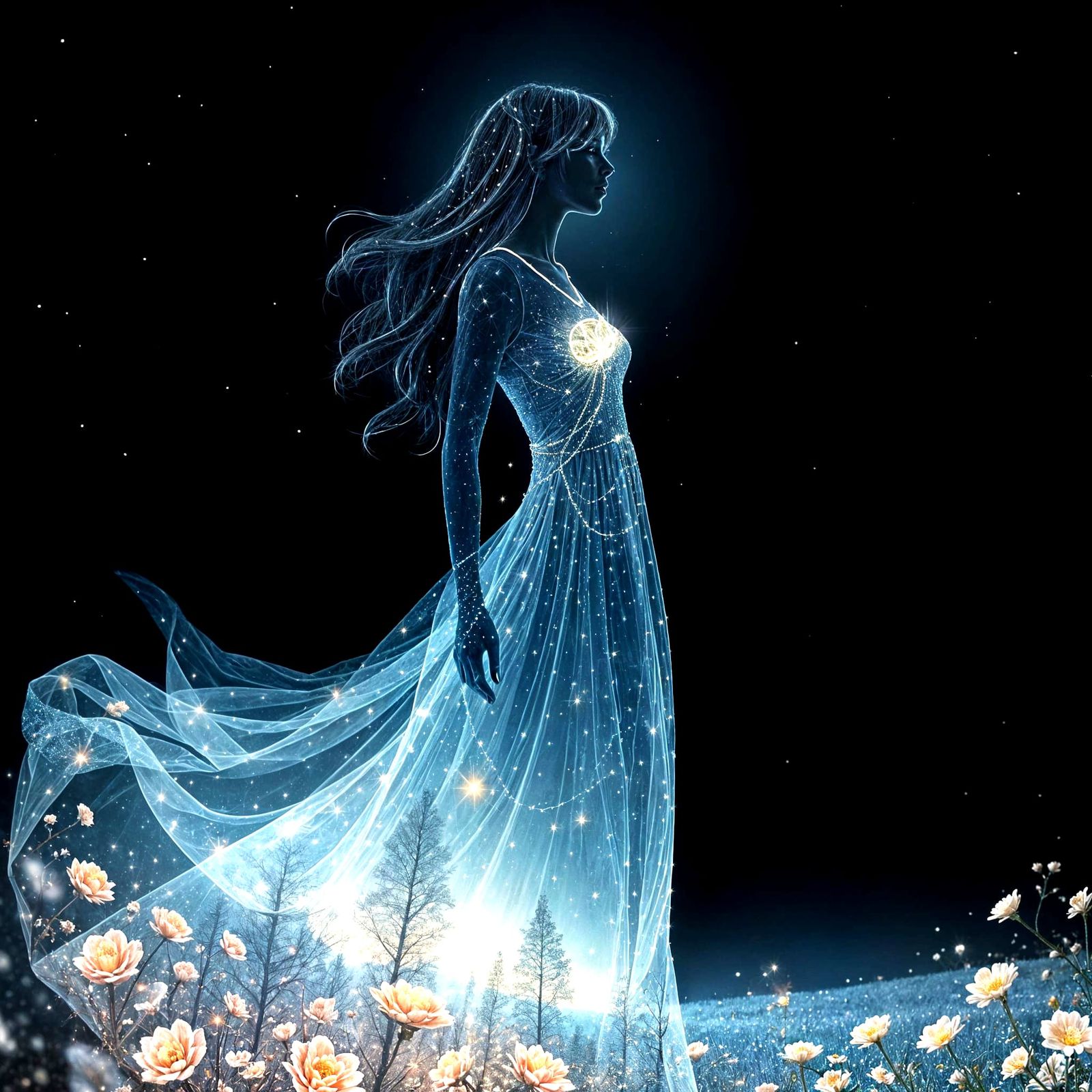 Ethereal Woman Silhouette as Starry Night