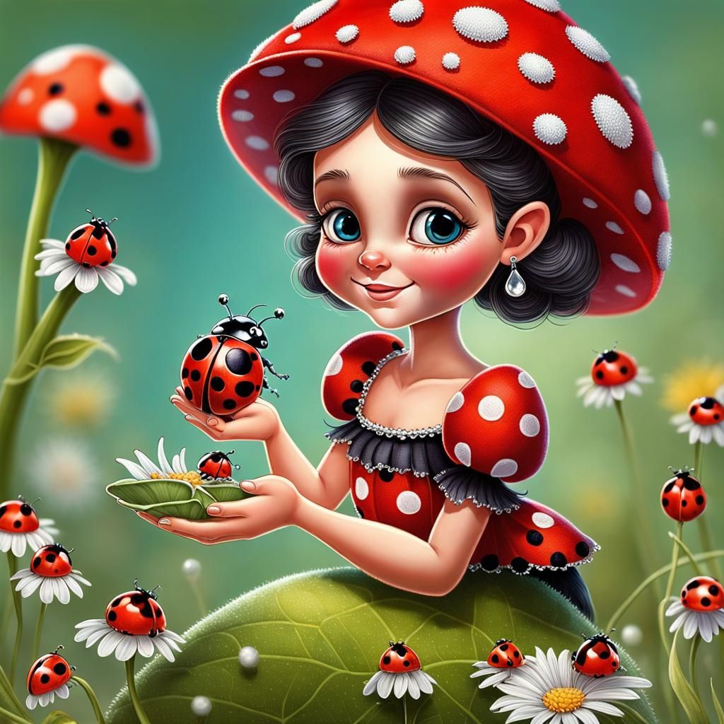 Ladybug Lady with a Dewdrop Earring