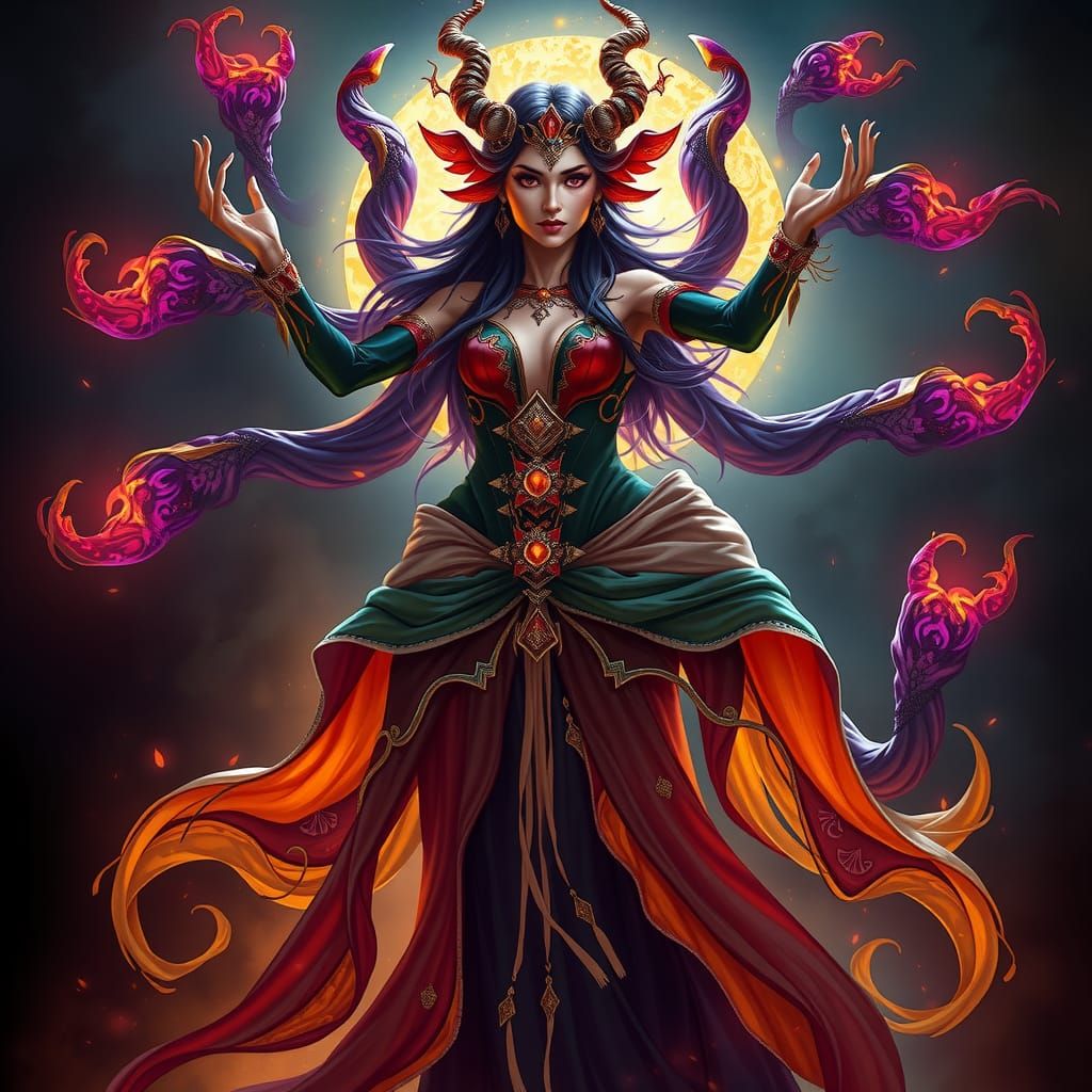 Mystical Nine-Tailed Woman in Dark Fantasy Style