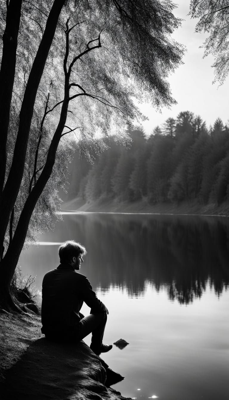 Lonely Man at Lake: Black and White Photography