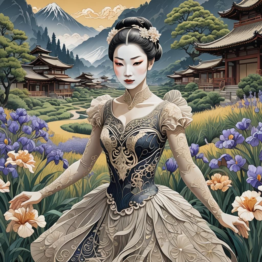 Ukiyo-e Ballerina in Zen Garden Landscape