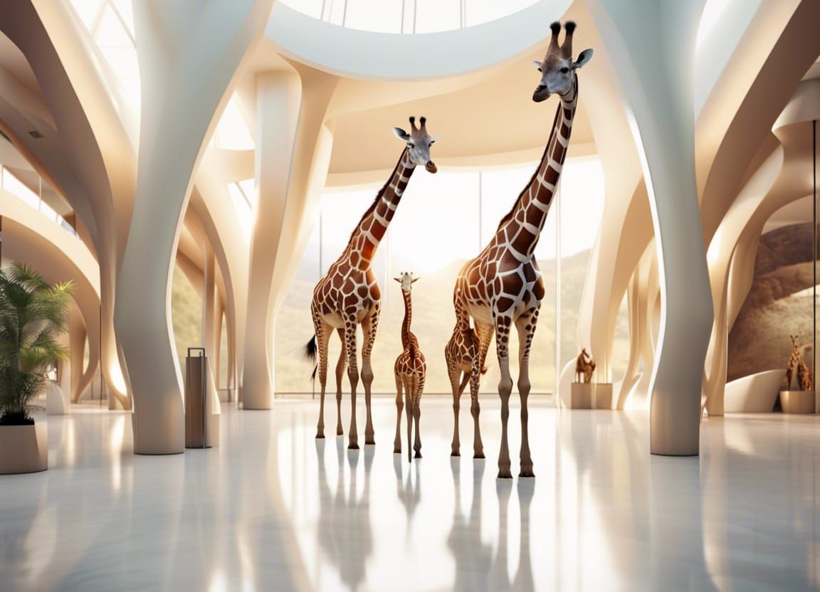 Giraffe Family Photo in Futuristic Exhibition