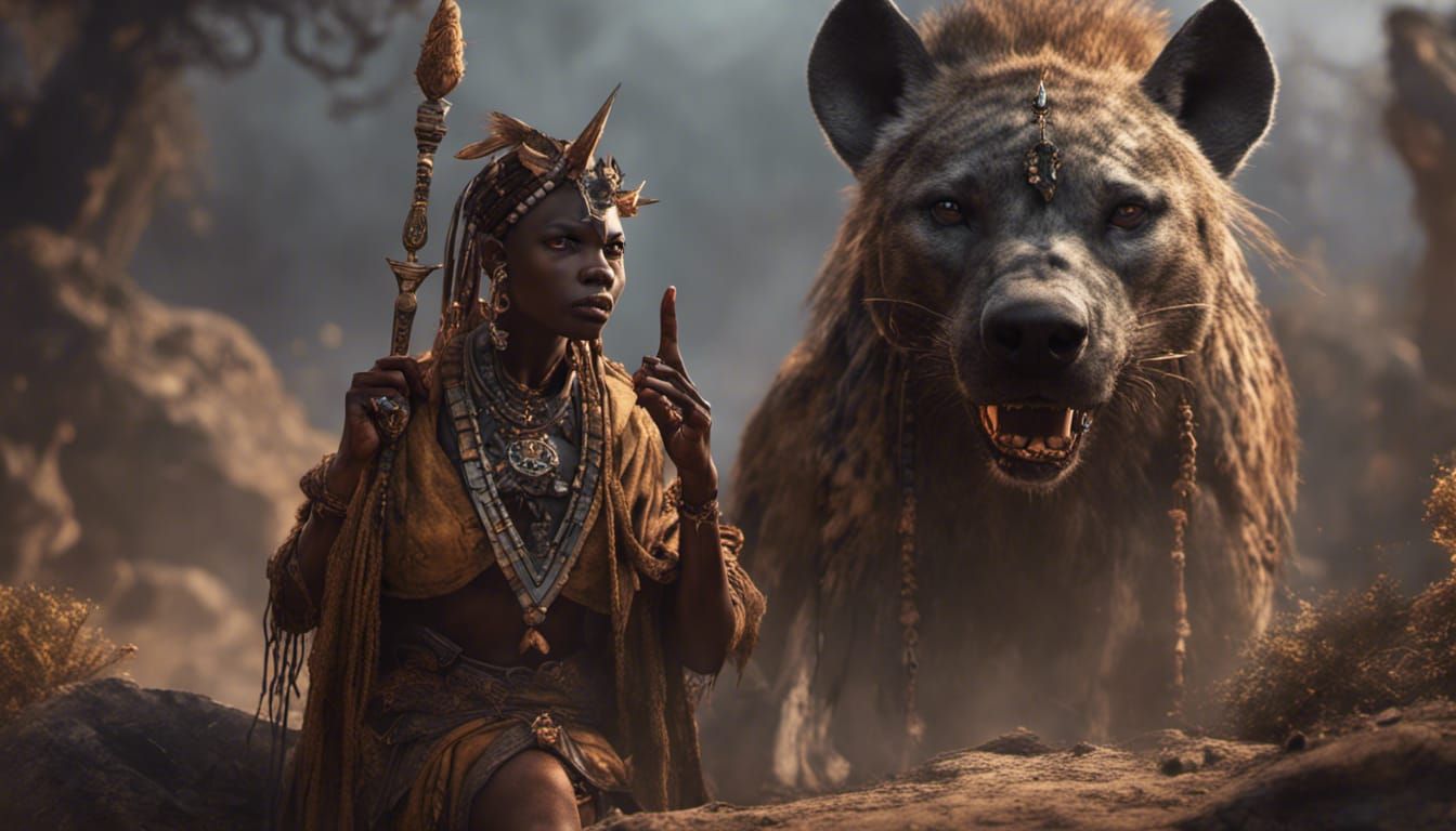 African Witchdoctor with Magical Hyena Companion